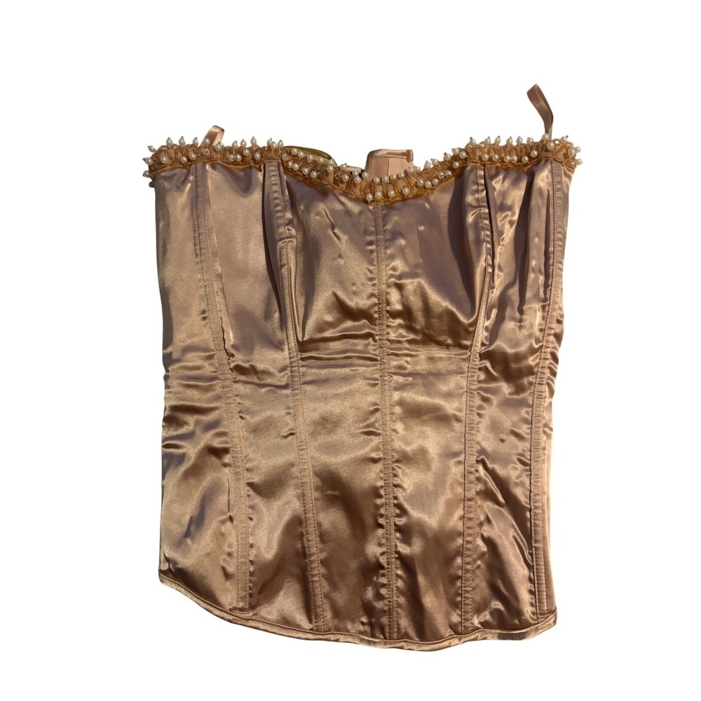 Dreamgirl Corset Top Burlesque Champagne Pearl Trim Satin Lace Up Size 42 XL